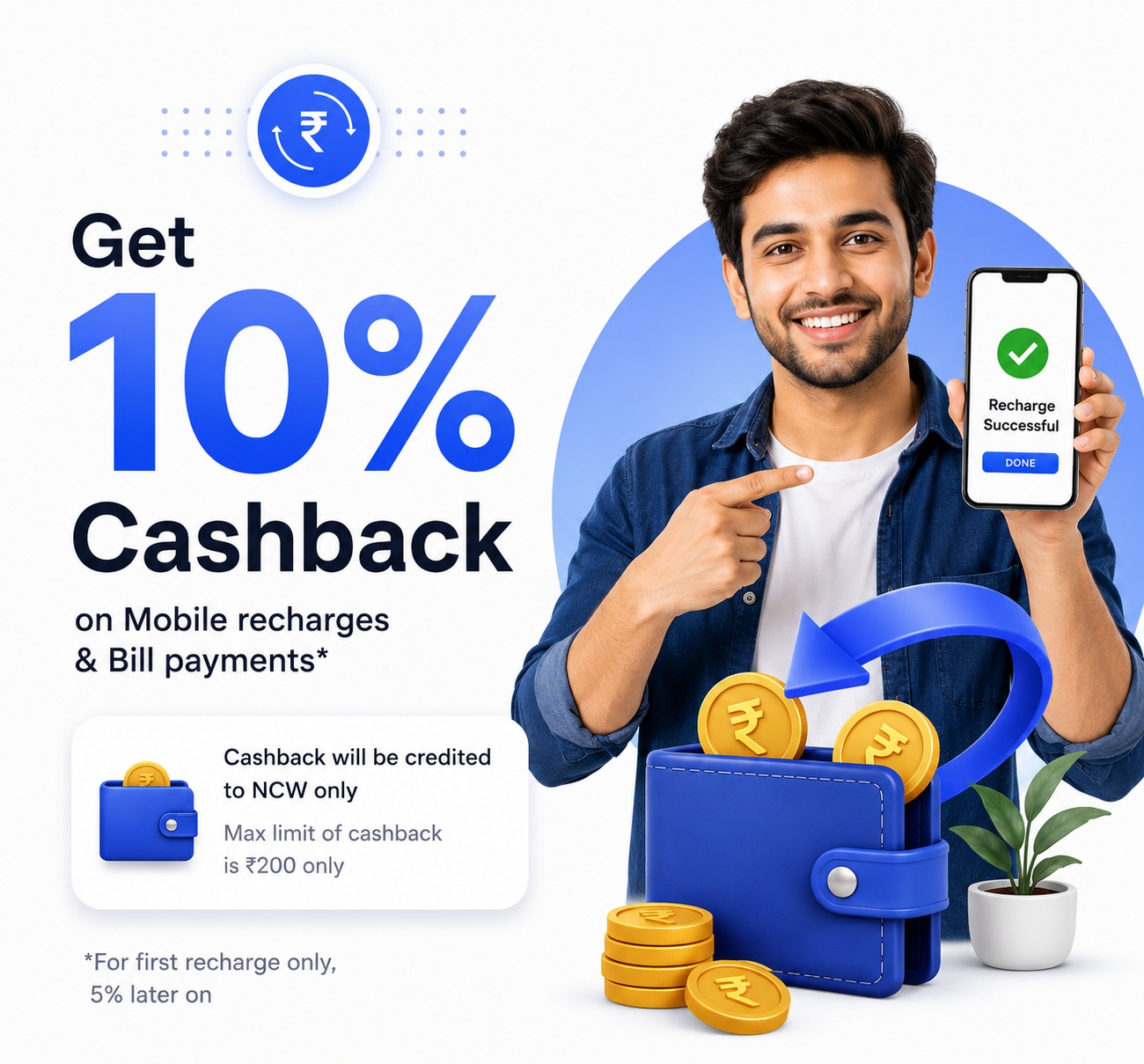 Get 10% cashback on mobile recharges and bill payments